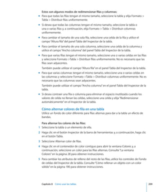 Capítulo 8    Cómo usar las tablas	 209
Estos son algunos modos de redimensionar filas y columnas:
Para que todas las filas tengan el mismo tamaño, seleccione la tabla y elija Formato mm
Tabla  Distribuir filas uniformemente.
Si desea que todas las columnas tengan el mismo tamaño, seleccione la tabla omm
una o varias filas y, a continuación, elija Formato  Tabla  Distribuir columnas
uniformemente.
Para cambiar el tamaño de una sola fila, seleccione una celda de la fila y utilice elmm
campo“Altura fila”del panel Tabla del Inspector de la tabla.
Para cambiar el tamaño de una sola columna, seleccione una celda de la columna ymm
utilice el campo“Ancho columna”del panel Tabla del Inspector de la tabla.
Para que varias filas tengan el mismo tamaño, seleccione una o varias celdas en las filasmm
y seleccione Formato Tabla  Distribuir filas uniformemente. No es necesario que las
filas sean adyacentes.
También puede utilizar el campo“Altura fila”en el panel Tabla del Inspector de la tabla.
Para que varias columnas tengan el mismo tamaño, seleccione una o varias celdas enmm
las columnas y seleccione Formato Tabla  Distribuir columnas uniformemente. No es
necesario que las columnas sean adyacentes.
También puede utilizar el campo“Ancho columna”en el panel Tabla del Inspector de la
tabla.
Si desea contraer una fila o columna para eliminar el espacio inutilizado cuando losmm
valores de celda no llenan las celdas, seleccione una celda y elija“Redimensionar
automáticamente”en el Inspector de la tabla.
Cómo alternar colores de fila en una tabla
Utilice un fondo de color diferente para filas alternas para dar a la tabla un efecto de
bandas.
Para alternar los colores de las filas:
	 1	 Seleccione la tabla o un elemento de ella.
	 2	 Haga clic en el botón Inspector de la barra de herramientas y, a continuación, haga clic
en el botón Tabla.
	 3	 Seleccione Alternar color de filas.
	 4	 Haga clic en el contenedor de color contiguo para abrir la ventana Colores y, a
continuación, seleccione un color para las filas alternas. Consulte“La ventana
Colores” en la página 28 para obtener instrucciones.
	 5	 Para cambiar los atributos de relleno del resto de las filas, utilice los controles de Fondo
de celdas del Inspector de la tabla. Consulte“Cómo rellenar un objeto con un color
sólido” en la página 190 para obtener instrucciones.
 
