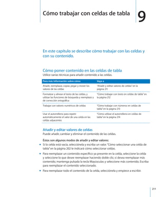 211
En este capítulo se describe cómo trabajar con las celdas y
con su contenido.
Cómo poner contenido en las celdas de tabla
Utilice varias técnicas para añadir contenido a las celdas.
Para más información sobre cómo Vaya a
Añadir, reemplazar, copiar, pegar y mover los
valores de las celdas
“Añadir y editar valores de celdas” en la
página 211
Formatear y alinear el texto de las celdas, y
utilizar las funciones de búsqueda y reemplazo y
de corrección ortográfica
“Cómo trabajar con texto en celdas de tabla” en
la página 212
Trabajar con valores numéricos de celdas “Cómo trabajar con números en celdas de
tabla” en la página 213
Usar el autorrelleno para repetir
automáticamente el valor de una celda en las
celdas adyacentes
“Cómo utilizar el autorrelleno en celdas de
tabla” en la página 214
Añadir y editar valores de celdas
Puede añadir, cambiar y eliminar el contenido de las celdas.
Éstos son algunos modos de añadir y editar valores:
Si la celda está vacía, selecciónela y escriba un valor.“mm Cómo seleccionar una celda de
tabla” en la página 202 le indicará cómo seleccionar celdas.
Para reemplazar un contenido específico ya presente en la celda, seleccione la celdamm
y seleccione lo que desee reemplazar haciendo doble clic; si desea reemplazar más
contenido, mantenga pulsada la tecla Mayúsculas y seleccione más contenido. Escriba
para reemplazar el contenido seleccionado.
Para reemplazar todo el contenido de la celda, selecciónela y empiece a escribir.mm
9Cómo trabajar con celdas de tabla
 