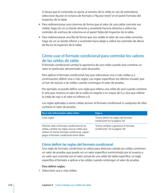 Si desea que el contenido se ajuste al tamaño de la celda en vez de extenderse,
seleccione Ajustar en la barra de formato o“Ajustar texto”en el panel Formato del
Inspector de la tabla.
Para redimensionar una columna de forma que el valor de una celda concreta seamm
visible, haga clic en su borde derecho y arrástrelo hacia la derecha o utilice los
controles de anchura de columna en el panel Tabla del Inspector de la tabla.
Para redimensionar una fila de forma que sea visible el valor de una celda concreta,mm
haga clic en su borde inferior y arrástrelo hacia abajo o utilice los controles de altura
de fila en el Inspector de la tabla.
Cómo usar el formato condicional para controlar los valores
de las celdas de tabla
El formato condicional cambia la apariencia de una celda cuando ésta contiene un
valor en particular, denominado valor de prueba.
Para aplicar el formato condicional, hay que seleccionar una o más celdas y, a
continuación, definir una o más reglas. Las reglas especifican los efectos visuales que
se han de asociar a las celdas cuando contengan el valor de prueba.
Por ejemplo, se puede definir una regla que rellena una celda de azul cuando contiene
0, otra que muestra el valor de la celda en negrita si es mayor de 0, y otra que rellene
la celda de rojo si el valor es inferior a 0.
Las reglas aplicadas a varias celdas activan el formato condicional si cualquiera de ellas
contiene el valor de prueba.
Para más información sobre cómo Vaya a
Crear reglas “Cómo definir las reglas del formato
condicional” en la página 216
Eliminar todo el formato condicional de las
celdas, cambiar las reglas, buscar celdas que
utilicen el mismo formato condicional, copiar/
pegar el formato condicional entre tablas
“Cómo cambiar y gestionar el formato
condicional ” en la página 218
Cómo definir las reglas del formato condicional
Una regla de formato condicional se utiliza para detectar cuándo las celdas contienen
un valor de prueba, que puede ser un valor específico suministrado por el usuario o
un valor que coincida con el valor actual de una celda de tabla específica. La regla
especifica el formato a aplicar a las celdas cuando contengan el valor de prueba.
Para definir reglas:
	 1	 Seleccione una o más celdas.
	 216		 Capítulo 9    Cómo trabajar con celdas de tabla
 