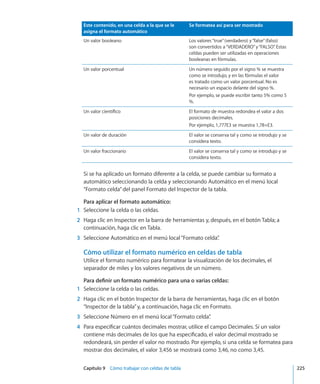 Capítulo 9    Cómo trabajar con celdas de tabla	 225
Este contenido, en una celda a la que se le
asigna el formato automático
Se formatea así para ser mostrado
Un valor booleano Los valores“true”(verdadero) y“false”(falso)
son convertidos a“VERDADERO”y“FALSO”. Estas
celdas pueden ser utilizadas en operaciones
booleanas en fórmulas.
Un valor porcentual Un número seguido por el signo % se muestra
como se introdujo, y en las fórmulas el valor
es tratado como un valor porcentual. No es
necesario un espacio delante del signo %.
Por ejemplo, se puede escribir tanto 5% como 5
%.
Un valor científico El formato de muestra redondea el valor a dos
posiciones decimales.
Por ejemplo, 1,777E3 se muestra 1,78+E3.
Un valor de duración El valor se conserva tal y como se introdujo y se
considera texto.
Un valor fraccionario El valor se conserva tal y como se introdujo y se
considera texto.
Si se ha aplicado un formato diferente a la celda, se puede cambiar su formato a
automático seleccionando la celda y seleccionando Automático en el menú local
“Formato celda”del panel Formato del Inspector de la tabla.
Para aplicar el formato automático:
	 1	 Seleccione la celda o las celdas.
	 2	 Haga clic en Inspector en la barra de herramientas y, después, en el botón Tabla; a
continuación, haga clic en Tabla.
	 3	 Seleccione Automático en el menú local“Formato celda”.
Cómo utilizar el formato numérico en celdas de tabla
Utilice el formato numérico para formatear la visualización de los decimales, el
separador de miles y los valores negativos de un número.
Para definir un formato numérico para una o varias celdas:
	 1	 Seleccione la celda o las celdas.
	 2	 Haga clic en el botón Inspector de la barra de herramientas, haga clic en el botón
“Inspector de la tabla”y, a continuación, haga clic en Formato.
	 3	 Seleccione Número en el menú local“Formato celda”.
	 4	 Para especificar cuántos decimales mostrar, utilice el campo Decimales. Si un valor
contiene más decimales de los que ha especificado, el valor decimal mostrado se
redondeará, sin perder el valor no mostrado. Por ejemplo, si una celda se formatea para
mostrar dos decimales, el valor 3,456 se mostrará como 3,46, no como 3,45.
 