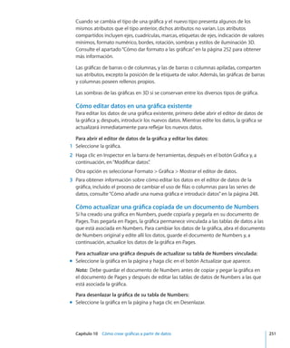 Capítulo 10    Cómo crear gráficas a partir de datos	 251
Cuando se cambia el tipo de una gráfica y el nuevo tipo presenta algunos de los
mismos atributos que el tipo anterior, dichos atributos no varían. Los atributos
compartidos incluyen ejes, cuadrículas, marcas, etiquetas de ejes, indicación de valores
mínimos, formato numérico, bordes, rotación, sombras y estilos de iluminación 3D.
Consulte el apartado“Cómo dar formato a las gráficas” en la página 252 para obtener
más información.
Las gráficas de barras o de columnas, y las de barras o columnas apiladas, comparten
sus atributos, excepto la posición de la etiqueta de valor. Además, las gráficas de barras
y columnas poseen rellenos propios.
Las sombras de las gráficas en 3D sí se conservan entre los diversos tipos de gráfica.
Cómo editar datos en una gráfica existente
Para editar los datos de una gráfica existente, primero debe abrir el editor de datos de
la gráfica y, después, introducir los nuevos datos. Mientras edite los datos, la gráfica se
actualizará inmediatamente para reflejar los nuevos datos.
Para abrir el editor de datos de la gráfica y editar los datos:
	 1	 Seleccione la gráfica.
	 2	 Haga clic en Inspector en la barra de herramientas, después en el botón Gráfica y, a
continuación, en“Modificar datos”.
Otra opción es seleccionar Formato  Gráfica  Mostrar el editor de datos.
	 3	 Para obtener información sobre cómo editar los datos en el editor de datos de la
gráfica, incluido el proceso de cambiar el uso de filas o columnas para las series de
datos, consulte“Cómo añadir una nueva gráfica e introducir datos” en la página 248.
Cómo actualizar una gráfica copiada de un documento de Numbers
Si ha creado una gráfica en Numbers, puede copiarla y pegarla en su documento de
Pages. Tras pegarla en Pages, la gráfica permanece vinculada a las tablas de datos a las
que está asociada en Numbers. Para cambiar los datos de la gráfica, abra el documento
de Numbers original y edite allí los datos, guarde el documento de Numbers y, a
continuación, actualice los datos de la gráfica en Pages.
Para actualizar una gráfica después de actualizar su tabla de Numbers vinculada:
Seleccione la gráfica en la página y haga clic en el botón Actualizar que aparece.mm
Nota:  Debe guardar el documento de Numbers antes de copiar y pegar la gráfica en
el documento de Pages y después de editar las tablas de datos de Numbers a las que
está asociada la gráfica.
Para desenlazar la gráfica de su tabla de Numbers:
Seleccione la gráfica en la página y haga clic en Desenlazar.mm
 
