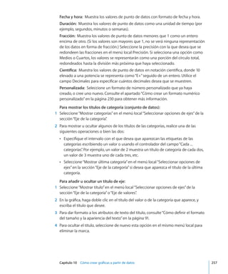 Capítulo 10    Cómo crear gráficas a partir de datos	 257
Fecha y hora:  Muestra los valores de punto de datos con formato de fecha y hora.
Duración:  Muestra los valores de punto de datos como una unidad de tiempo (por
ejemplo, segundos, minutos o semanas).
Fracción:  Muestra los valores de punto de datos menores que 1 como un entero
encima de otro. (Si los valores son mayores que 1, no se verá ninguna representación
de los datos en forma de fracción.) Seleccione la precisión con la que desea que se
redondeen las fracciones en el menú local Precisión. Si selecciona una opción como
Medios o Cuartos, los valores se representarán como una porción del círculo total,
redondeados hasta la división más próxima que haya seleccionado.
Científica:  Muestra los valores de punto de datos en notación científica, donde 10
elevado a una potencia se representa como“E+”seguido de un entero. Utilice el
campo Decimales para especificar cuántos decimales desea que se muestren.
Personalizada:  Seleccione un formato de número personalizado que ya haya
creado, o cree uno nuevo. Consulte el apartado“Cómo crear un formato numérico
personalizado” en la página 230 para obtener más información.
Para mostrar los títulos de categoría (conjunto de datos):
	 1	 Seleccione“Mostrar categorías”en el menú local“Seleccionar opciones de ejes”de la
sección“Eje de la categoría”.
	 2	 Para mostrar u ocultar algunos de los títulos de las categorías, realice una de las
siguientes operaciones o bien las dos:
Especifique el intervalo con el que desea que aparezcan las etiquetas de lasÂÂ
categorías escribiendo un valor o usando el controlador del campo“Cada ...
categorías”. Por ejemplo, un valor de 2 muestra un título de categoría de cada dos,
un valor de 3 muestra uno de cada tres, etc.
Seleccione“Mostrar última categoría”en el menú local“Seleccionar opciones deÂÂ
ejes”en la sección“Eje de la categoría”si desea que aparezca el título de la última
categoría.
Para añadir u ocultar un título de eje:
	 1	 Seleccione“Mostrar título”en el menú local“Seleccionar opciones de ejes”de la
sección“Eje de la categoría”o“Eje de valores”.
	 2	 En la gráfica, haga doble clic en el título del valor o de la categoría que aparece, y
escriba el título que desee.
	 3	 Para dar formato a los atributos de texto del título, consulte“Cómo definir el formato
del tamaño y la apariencia del texto” en la página 91.
	 4	 Para ocultar el título, seleccione de nuevo esta opción en el mismo menú local para
eliminar la marca.
 