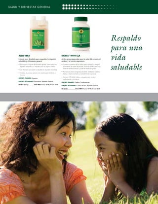 SALUD Y BIENESTAR GENERAL




                                                                                                                                                                                                     Respaldo
                                                                                                                                                                                                     para una
           ALOE VERA
           Extracto puro de sábila para respaldar la digestión
           saludable y el bienestar general
                                                                                                         BIOEFA™ WITH CLA
                                                                                                         Ácidos grasos esenciales para la salud del corazón, el
                                                                                                         cerebro y la función respiratoria
                                                                                                                                                                                                     vida
           • Tónico para el soporte del bienestar general, bueno para una                                • Contiene la potencia de los ácidos grasos omega-3 y omega-6
             digestión saludable y un respaldo para los órganos internos

           • Con mannans que ayudan a respaldar la respuesta inmunitaria

           • Contiene un proceso exclusivo de cosecha para mantener su
                                                                                                           provenientes de aceite de pescado, aceite de semilla de borraja,
                                                                                                           aceite de semilla de linaza y aceite de semilla de girasol

                                                                                                         • Promueve la presión sanguínea saludable, membranas celulares
                                                                                                                                                                                                     saludable
                                                                                                           fuertes, y el funcionamiento y movilidad de las coyunturas
             frescura
                                                                                                         • Contiene CLA (ácido linoléico conjugado) para la salud
           SOPORTE PRIMARIO: Digestión
                                                                                                           cardiovascular y circulatoria
           SOPORTE SECUNDARIO: Inmunitario, Bienestar General
                                                                                                         SOPORTE PRIMARIO: Cerebro, Cardiovascular
           (Botella de 16 oz líq.) .................. Artículo #8000 Mayoreo: $27.95 | Menudeo: $32.95
                                                                                                         SOPORTE SECUNDARIO: Control de Peso, Bienestar General

                                                                                                         (60 cápsulas) ..........................Artículo #28050 Mayoreo: $17.95 | Menudeo: $22.95




[24] CATÁLOGO DE PRODUCTOS DE 4LIFE
VERSIÓN U.S. ESPAÑOL
 