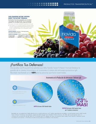 PRODUCTOS TRANSFERCEUTICAL ™




4LIFE TRANSFER FACTOR® RIOVIDA
BURST® TRI-FACTOR® FORMULA
RioVida Burst® brinda las bondades para el sistema
inmunológico del jugo RioVida®, en un conveniente
paquete con una mezcla suave y deliciosa de jalea
• La primera y única jalea comestible de transfer factor en el mundo
• Cada paquete en una conveniente presentación individual contiene
  una ración completa de 4Life Transfer Factor® Tri-Factor® Formula y
  el poder comprobado del jugo rico en antioxidantes, RioVida
• Fácil de compartir
SOPORTE PRIMARIO: Inmunitario, Antienvejecimiento,
Antioxidante, Bienestar General
SOPORTE SECUNDARIO: Cerebro, Cardiovascular, Energía
(15 paquetes de jalea) .....................Artículo #24110 Mayoreo: $31.95 | Menudeo: $36.95
(7 por el precio de 6) ................. .Artículo #24111 Mayoreo: $189.95 | Menudeo: $219.95




                                                                                                            WWW.4LIFE.COM/USSPANISH [9]
 