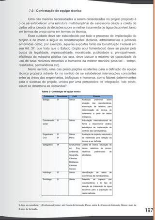 197
7.0 - Contratação de equipe técnica
Uma das maiores necessidades a serem consideradas no projeto proposto é
o de se estabelecer uma estrutura multidisciplinar de assessoria desde a coleta de
dados até a tomada de decisões sobre o melhor tratamento de água disponível, tanto
em termos de preço como em termos de técnica.
Esse cuidado deve ser estabelecido por todo o processo de implantação do
projeto e de modo a seguir as determinações técnicas, administrativas e jurídicas
envolvidas como, por exemplo, àquelas expostas tanto na Constituição Federal em
seu Art. 37, que trata que o Estado (órgão aqui fomentador) deve se pautar pela
busca da legalidade, impessoalidade, moralidade, publicidade e, principalmente,
eﬁciência da máquina pública (ou seja, deve buscar o máximo de capacidade de
uso de seus recursos materiais e humanos da melhor maneira possível – tempo,
resultados, permanência etc).
Neste sentido, uma das preocupações existentes para a deﬁnição da equipe
técnica proposta adiante foi no sentido de se estabelecer intersecções constantes
entre as áreas das engenharias, biológicas e humanos, como fatores determinantes
para o sucesso do projeto, unidos por uma perspectiva de integração. Isto posto,
assim se determina as demandas5
:
5 Aqui se considera: 1) Pro issional Júnior: até 3 anos de formado; Pleno: entre 4 e 8 anos de formado; Sênior: mais de
8 anos de formado.
 