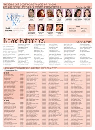 Programa de Reconhecimento para o Primeiro
Ano das Novas Diretoras de Vendas Independentes                                                                                                                                              Outubro de 2011



      MARY
          SOCIEDADE
               DE HONRA
                                                                   Aline de Paula           Carla Regina           Cristiane Bezerra       Denise Maria          Fernanda Correa          Graziele Gomes         Jordana Henrique




       K
                                                                       e Silva               da Silveira                 Furtado              Andriole            Lougon Moulin          Chaves de Sousa           Chirico Ardito

         AY                                                         Deise Ferreira           Nara Melo               Elizabeth Sena          Nanclares
                                                                                                                                          Andréa Fernandes
                                                                                                                                                                 Emiliana Alcântara       Barbara Sunden           Deise Ferreira



                                                                                                                                                                                                 E mais:
      150.000 pontos acumulados na Unidade                                                                                                                                  Adriana Oliveira               Marta da Cruz
                                                                                                                                                                            Menezes Gurgel                    Oliveira
      50 ou mais Consultoras na Unidade
                                                                                                                                                                            Barbara Sunden                  Isanne Rosa
                                                                 Mirian Conceição           Monica Silva            Sonaly Dantas         Vanessa Estael
                                                                 Miranda Maciel                Oliveira              de Moraes               Pimenta
                                                                   Giselle Cosme            Giselda Gabriel         Giselda Gabriel        Fabiana Cunha




  Novos Patamares
FUTURAS DIRETORAS                      Andrea Medeiros de M. Ferreira
                                       Andressa Grazielly Dias Leão
                                                                                Dirce Terezinha Avila de Souza
                                                                                Elaine de Souza Leite Sampaio
                                                                                                                        Karla Lucas Cavalcante
                                                                                                                        Katia Elaile Meneses Viana
                                                                                                                                                               Maria Luciene da Silva
                                                                                                                                                               Marilsa Barbosa Alves
                                                                                                                                                                                             Outubro de 2011
                                                                                                                                                                                                       Rubia Fiamoncini Penteado
                                                                                                                                                                                                       Samara Sibely da Silva Dantas
Estas Consultoras já têm
                                       Angela de Marco Gonçalves                Elenir Sartori                          Katia Silene Paulo Vieira              Marta Pereira de Souza                  Silvania Santos Silva de Cerqueira
8 ou mais iniciadas diretas            Camila Borba Santos                      Evelyn de Almeida Vieira Martins        Luana Zatta Daniel                     Miriam Teresa Cabral Cavalcante         Solange R. da Silva Gomide
ativas, têm direito de usar a          Camila Daguetti                          Fabiana Cristina de Melo                Lucia Steinbruch Carrion               Mirian Bueno Martins Loyola             Sueli Lopes Caetano
echarpe “Futura Diretora” e têm        Cindy Abdo                               Fabiana Ramos de Lara Cruz              Luciana do Nascimento Soares           Monica de Souza Pinheiro                Tania Mara da Silva Moreira
um bônus de 8% a 12% sobre             Claudia Oliveira Benites                 Fabianna Figueira Strumiello            Lucineide Consceição da S. Meneguima   Monica Alher João                       Tatiane Tres
as vendas de suas Iniciadas            Cledineia Mazzo de Queiroga              Fabiola Ferreira Cardoso                Madga Camila Araújo de Oliveira        Neila Monica de Castro Penafort         Tatiani Cardoso
Diretas Ativas                         Cleide Fontana Iuhasz                    Fernanda de Castro Marangone            Marcia Regina P. Eroles Fernandes      Patricia Grecco Santana                 Thais Milani Marin
Alcidesia Rodrigues de Souza Couto     Cristiana Lucia Xavier Vasconcelos       Francini da Silveira                    Maria Albanice Nunes Silva             Patricia Murasawa Giacomini             Valeria Cristina Sequin Lopes
Aldini Rodrigues Vilas Boas            Daniela Silvia de Freitas                Graziela Patricia de Meireles           Maria Aparecida Nascimento Barros      Patricia Neves Veiga de Souza           Vanessa da Silva Santos de Araújo
Ana Claudia Melo da Fonseca            Denise Vianna de Camargo                 Ilka Frank de Oliveira                  Maria Aparecida Fermiano               Paula Reis Cintra                       Vera Lucia Kunkel
Ana Lidia Boroni Martins Barbosa       Diana Matos da Silva                     Janice Soares Tormes                    Maria Aparecida Teles                  Priscila Fernandes Lott Villela         Vera Lúcia Ramos Lotif
Ana Paula Couto Conte                  Dilair do Rocio Ribeiro Batista          Jaqueline Pereira da Exatação           Maria Cristina Marcolino Melo          Rosangela Zerbien Betin                 Verônica Alessandra Lima Penha
Ana Paula Silva Costa                  Dilma Guimarães de Araujo                Jeane de Souza da Costa                 Maria Lucia de Souza Schenkel          Rosimar de Fatima Delai                 Vilma Joaquina da Cruz Freire



 Errata Ganhadoras do Desafio Trimestral/Escada do Sucesso
   3º trimestre de 2011
  5º Nível                                                   Catia Regina Freitas da Silva            Esmeralda        Jackeline da Silva Gomes                Esmeralda        Melissa de Campos Felippe                Esmeralda
  Ana Carla Santos Jacob                  Esmeralda          Catiuscia Yukie Nagahashi Hirai          Esmeralda        Jacqueline Fragoso Maciel               Esmeralda        Michelli Leite Macedo Pacheco            Esmeralda
  Elma Almeida Galvão Pinho               Esmeralda          Cimeri de Oliveira da Costa Luiz         Esmeralda        Jaqueline Simone Kohlrausch             Esmeralda        Monica de Souza Pinheiro                 Esmeralda
  Germana Silva de Pinho                  Esmeralda          Cinara Grutka                            Esmeralda        Jhamyles Castro Paixão                  Esmeralda        Nadja Cristina Alves da Silva            Esmeralda
  Idileine de Oliveira                    Esmeralda          Claudia Cristina Santos Sampaio          Esmeralda        Josefa Lucia Andrade Silva              Esmeralda        Neide Silveira Loures                    Esmeralda
  Lidiane Szpunar                         Esmeralda          Cristiane de Oliveira Santos             Esmeralda        Kalinca Paolla da Silva Furtado         Esmeralda        Neusa Burei                              Esmeralda
  Magali Aparecida Santana de Moraes      Esmeralda          Cristiane Medeiros Jaques                Esmeralda        Kanda Solange Diakanamo A. Nsiandoki    Esmeralda        Nilma Gomes de Aguiar Borges             Esmeralda
  Maria das Graças M. Santana             Esmeralda          Cristina Melo Moraes Hubner              Esmeralda        Karen Accordi Costa                     Esmeralda        Noemia Moura Filha                       Esmeralda
  Maria Lúcia Tavares Mendes              Esmeralda          Cristina Moreira de Assis                Esmeralda        Karla Cristina Vicale da Silva          Esmeralda        Paola Perini                             Esmeralda
  Maria Silvana Cavalcante Martins        Esmeralda          Daisy Cristine Varga de Lima             Esmeralda        Keila Cristina Silva Ferreira           Esmeralda        Patricia Amaral Fonseca Rodrigues        Esmeralda
  Maria Sirliane Ramos Ximenes            Esmeralda          Daniela de Oliveira Bortoluzzi           Esmeralda        Keila de Simone Meira Monteiro          Esmeralda        Patricia Carvalho de Morais              Esmeralda
  Maria Tereza Correia da Silveira        Esmeralda          Daniela Klippel                          Esmeralda        Leda Maria Borges                       Esmeralda        Patricia de Cássia Feris Ribeiro         Esmeralda
  Mariedes Amaral de Oliveira             Esmeralda          Daniela Sonia Nazareth                   Esmeralda        Leila Ferreira Rodrigues                Esmeralda        Poliana de Almeida Grandal Coelho        Esmeralda
  Marleine Jean Abdo de Oliveira          Esmeralda          Danielle Frinhani dos Santos             Esmeralda        Leila Maria Oliveira de Souza           Esmeralda        Regina Renck                             Esmeralda
  Neide Medeiros da Paixão                Esmeralda          Deuza Schimith Bergue Dalmaso            Esmeralda        Leiva Vania Oliveira de Souza           Esmeralda        Rita de Cássia Nogueira Teixeira         Esmeralda
  Roberta Raymundo Seolino                Esmeralda          Dircilene Medeiros Lima                  Esmeralda        Ligia Giovannini Pereira                Esmeralda        Rosana Gonçalves Frota e Silva           Esmeralda
  Rosimar de Fatima Delai                 Esmeralda          Dolores Aparecida da Silva Novais        Esmeralda        Lozangela Hekert de F. Domingues        Esmeralda        Roseli Alves Ribeiro                     Esmeralda
  Silvana Basile                          Esmeralda          Dulcenir Martini Cordovil                Esmeralda        Luana Zatta Daniel                      Esmeralda        Rosemeire dos Santos Bezerra             Esmeralda
  Tania Regina Wastrik                    Esmeralda          Elaine Cristina Siqueira Soneguetti      Esmeralda        Lucia Maria Santos Sesquim              Esmeralda        Sandra Regina Pavam G Barbosa            Esmeralda
  Vivianne Nascimento Silva               Esmeralda          Eliana Kano Costa                        Esmeralda        Lucia Volpe Cardoso de Morais           Esmeralda        Seila Aparecida Franco Alvarenga         Esmeralda
                                                             Eliane Aparecida Moreira da Silva        Esmeralda        Luciana Barbosa de Barros               Esmeralda        Sheyla Correa dos Santos                 Esmeralda
  4º Nível                                                   Eliane de Moraes Donni                   Esmeralda        Luciana Cristina Braga Pagnossim        Esmeralda        Silvia Delfino Santiago Soller           Esmeralda
  Adriana Araruna                         Esmeralda          Eliane Kreibich                          Esmeralda        Lucy Kakimoto Tsuzuki                   Esmeralda        Solange Nobrega de Araujo                Esmeralda
  Adriana Cristine Dias Locatelli         Esmeralda          Elida Lucineide Carvalho Ferreira        Esmeralda        Maira Costa de Andrade                  Esmeralda        Sonia Maria Alves de Almeida             Esmeralda
  Adriana Menezes Goedert                 Esmeralda          Elidia Rossa                             Esmeralda        Maranete Freire de Abreu Rocha          Esmeralda        Stephanie Gomes de Lima                  Esmeralda
  Alessandra Norbim de Assis Dias         Esmeralda          Elisangela Rocha Hellmeister             Esmeralda        Marcia Aparecida Monteiro Silva         Esmeralda        Sueli Lopes Caetano                      Esmeralda
  Alessandra Pierini M. O. Bassetto       Esmeralda          Elisseia Aparecida Dalbem                Esmeralda        Marcia Cristina Gomes F. Motta          Esmeralda        Suena Carvalho Miranda                   Esmeralda
  Alexandra Piai Silva Filizzola          Esmeralda          Elita Balbino Azevedo                    Esmeralda        Marcia Maria Gonçalves O. Costa         Esmeralda        Sylvana Lopes Francelino Oliveira        Esmeralda
  Aline Aparecida R Zambonatto            Esmeralda          Erica Alessandra Sipauba de Sousa        Esmeralda        Margarida Aparecida Siqueira            Esmeralda        Tania Aparecida Pimenta Vieira           Esmeralda
  Ana Fidelia Soares Machado              Esmeralda          Etielen Sabrina de C. Santos Sales       Esmeralda        Maria Angela Pelicer                    Esmeralda        Tania Maria Moraes                       Esmeralda
  Ana Julia Moraes Ballestrin             Esmeralda          Evaldineia da Silva Loose                Esmeralda        Maria Carlucia de Souza Cartaxo         Esmeralda        Tatiana de Souza Carneiro                Esmeralda
  Ana Perrogon de Roca                    Esmeralda          Evelyn de Almeida Vieira Martins         Esmeralda        Maria das Graças Gomes da Trindade      Esmeralda        Tatiana Foggiatto Peixoto                Esmeralda
  Andrea Bohrer Viecili                   Esmeralda          Fabiana Aparecida Soares                 Esmeralda        Maria das Graças Pinto dos Santos       Esmeralda        Tatiani Cardoso                          Esmeralda
  Andrea Morais de Azeredo de Sales       Esmeralda          Fabiana Lins Negreli Carvaho             Esmeralda        Maria Inês Nogueira                     Esmeralda        Thais Aparecida Rezende Siqueira         Esmeralda
  Angela Maria Queiroz                    Esmeralda          Flavia Gueleri Silva                     Esmeralda        Maria Luisa Franco de Assis             Esmeralda        Thais Monassa Davila                     Esmeralda
  Arline Medeiros de Souza Barros         Esmeralda          Flavia Pimentel de Moraes Silveira       Esmeralda        Maria Marilac de Oliveira               Esmeralda        Thalita Loanda da Rocha Kruger           Esmeralda
  Barbara Heller                          Esmeralda          Gabriela Sampaio Morais Campos           Esmeralda        Maria Salete Ninni Ferreira             Esmeralda        Valdirene de F. Setiny                   Esmeralda
  Carla Pereira da Silva                  Esmeralda          Hellen Flavia Reis dos Santos            Esmeralda        Mariane Monteiro Bayer                  Esmeralda        Valkyria Garcia de Oliveira              Esmeralda
  Carolina Assugeni Nogueira Wajner       Esmeralda          Hernivalda Maria de Oliveira             Esmeralda        Marioni da Silva Portela                Esmeralda        Vanessa Magalhães de Carvalho            Esmeralda
  Caroline Lira Costa Silva               Esmeralda          Isabella Maria Rauscher dos S. Possas    Esmeralda        Marta Sonia de Sousa Paula              Esmeralda        Vanessa Mota da Silveira                 Esmeralda
  Cassia Mary Lima Silva Borges           Esmeralda          Izabel da Silva Ribeiro                  Esmeralda        Mauriceia Ianeli                        Esmeralda        Wellida Santos Lopes Bizinotto           Esmeralda
 