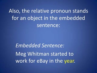 Also, the relative pronoun stands
 for an object in the embedded
            sentence:


  Embedded Sentence:
  Meg Whitman started to
  work for eBay in the year.
 