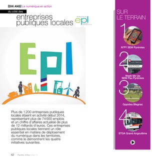 entreprises 
publiques locales 
Plus de 1 200 entreprises publiques 
locales étaient en activité début 2014, 
représentant plus de 74 000 emplois 
et un chiffre d’affaires actualisé de plus 
de 12 milliards d’euros. Ces entreprises 
publiques locales tiennent un rôle 
essentiel en matière de déploiement 
du numérique dans les territoires, 
comme le démontrent les quatre 
initiatives suivantes. 
62 Paroles d’élus tome 10 
sur 
le terrain 
1 
2 
N’PY SEM Pyrénées 
3 
Week Me Up 
SEM Pau Pyrénées 
Oppidea Blagnac 
4 
STGA Grand Angoulême 
[DIX ANS] Le numérique en action 
du côté des 
 