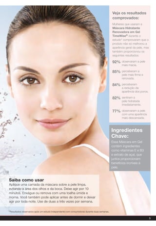 Veja os resultados
                                                                                            comprovados:
                                                                                            Mulheres que usaram a
                                                                                            Máscara Hidratante
                                                                                            renovadora em gel
                                                                                            timeWise® durante o
                                                                                            estudo* comprovaram que o
                                                                                            produto não só melhorou a
                                                                                            aparência geral da pele, mas
                                                                                            também proporcionou os
                                                                                            seguintes resultados:

                                                                                            92%    observaram a pele
                                                                                                   mais macia.

                                                                                            85%    perceberam a
                                                                                                   pele mais firme e
                                                                                                   renovada.

                                                                                            84%    perceberam
                                                                                                   a redução da
                                                                                                   aparência dos poros.

                                                                                            82%    sentiram a
                                                                                                   pele hidratada
                                                                                                   imediatamente.

                                                                                            77%    observaram a pele
                                                                                                   com uma aparência
                                                                                                   mais descansada.



                                                                                            ingredientes
                                                                                            Chave:
                                                                                            Essa Máscara em Gel
                                                                                            contém ingredientes
                                                                                            como vitaminas E e B3
                                                                                            e extrato de açaí, que
                                                                                            juntos proporcionam
                                                                                            benefícios incríveis à
                                                                                            pele.



saiba como usar
Aplique uma camada da máscara sobre a pele limpa,
evitando a área dos olhos e da boca. Deixe agir por 10
minutos. Enxágue ou remova com uma toalha úmida e
morna. você também pode aplicar antes de dormir e deixar
agir por toda noite. Use de duas a três vezes por semana.


*Resultados observados após um estudo independente com consumidoras durante duas semanas.

                                                                                                                           5
 