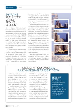 MIDDLE EAST

NEWS

Sharjah’s
real estate
markeT
proves
resilient
In the first quarter of this year, Sharjah
has maintained a strong economic recovery
period demonstrated by the expansion of
various markets and industry sectors and
a focus on diversification, Cluttons’ Q1 2013
Sharjah market report says. The emirate’s
real estate market has always proved
resilient and highly popular with investors
and Cluttons notes healthy performance

have seen a similar 15% increase due to
strong growth in demand and a lack of
quality stock. However, these increases
are applicable only to new lettings as the
three-year, no-increase protection law still
exists in Sharjah.
The office market has remained unchanged since October 2012, with average
rents in the main business districts holding
between AED 50 to 80 per square foot.
Landlords of a number of the more prominent office towers are now offering flexible
lease agreements, which has helped attract
tenants and increase occupancy rates.
The industrial market is the most stable
real estate sector and accounts for approximately one fifth of the emirate’s

across the residential, office, commercial,
hospitality and industrial sectors over the
past 12 months.
The residential sector is witnessing a
steady rise in average rents as demand
outstrips supply for the first time since
the global crisis. Since October 2012,
apartments in popular areas such as
Al Majaz, Al Nahda and Qassimiya have
witnessed an average rental increase of
10 to 15%. In other desirable areas, villas

GDP. The government recently has begun
re-zoning parts of the industrial area close
to the city centre as commercial land. As a
result, it is expected that industrial tenants
will move further out of the city towards
areas such as Sajaa.
Finally, Sharjah’s hospitality sector has
also shown signs of continued growth,
with a 9% year-on-year rise in guest
numbers at hospitality establishments
within Sharjah.

Jebel Sifah is Oman’s new
fully-integrated resort town
Muriya Tourism Development, a joint
venture between Orascom Development
Holdings (70%), and Omran (30%), the
tourism development arm of the Omani
Government, has recently completed
the core of its latest property development, the Marina Town in Jebel Sifah.
Jebel Sifah is located 45 minutes from
Muscat, adjacent to the fishing village of
Sifah. The project is spread on a narrow
5 kilometre coastal strip and set against
the backdrop of the Hajjar Mountains.
At the centre of the development
is the Marina Town, which sits amidst
hectares of manicured gardens and an

12 I CITYSCAPE I June 2013

18-hole Peter Harradine designed Golf
Course and includes several luxury resorts. Activities available at the resort
and in the surrounding area include golf,
tennis, snorkelling, scuba diving, jet
skiing, hiking, mountain biking, diving,
game fishing and sailing as well as boat
trips to the nearby islands.
Property ownership at Jebel Sifah is
on a freehold basis and upon completion
of their purchase, owners are granted
Omani residency together with the financial benefits that flow from residing
in Oman, including zero income, capital
gains, inheritance and property tax.

Investment
options
	 1, 2, and 3 bedroom
apartments available from
120 sqm; prices start
at $328,000
	 4 categories of villas
ranging from 266 – 487 sqm
on plots of land starting
from 1000 sqm; prices
start at $700,000

 