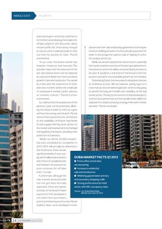 MIDDLE EAST

In-depth

overseas buyers, attractive credit terms
(in the form extended payment plans for
off plan projects) and discussion about
instant profits for those lucky enough
to secure units in selected projects that
can then be quickly on sold,” Plumb
commented.
“In our view, the Dubai market has
however moved on and matured. This
provides hope that the excesses of the
last speculative boom can be replaced
by a period of slower but more sustained
growth in demand and prices. This would
be in line with the experience of other
overseas markets where the amplitude

clauses into their sale and leasing agreements that require
minimum holding periods or further periodic payments (in
order to discourage the rapid on sale or flipping of units),
the analyst points out.
“While we remain hopeful that these factors could help
the market avoid the excesses of the last speculative boom,
the extent to which this will be achieved clearly remains to
be seen. It would be a real shame if the lessons from the
previous period of unsustainable growth are not heeded.
“Dubai being Dubai, the new projects being launched are
as ambitious as ever. We are however seeing signs of a
more mature and considered approach, which is only going

of subsequent market cycles reduces
to benefit the long term health and credibility of the real
as markets mature,” Plumb further
estate sector. The key to the success of individual projects
commented.
and the future performance of the overall market will be the
JLL believe that the exuberance of the
adoption of a realistic phasing strategy in line with market
previous cycle can be prevented, allowdemand,” Plumb concluded.
ing the Dubai market to shift up a gear
without becoming overheated. Plumb
names three reasons for this  : limitations
on the availability of finance, high levels
of new supply entering some sectors of
the market and improvements to the legal
and regulatory framework, providing more
protection to investors.
“While not all the 45,000 residential units scheduled for completion in
2013/2014 will actually be delivered in
this timeframe, there remain
significant levels of new supply which will provide investors
Dubai market facts Q1 2013
with choice of completed units
	 Prime office rental rates
and dampen the pressure for
are recovering
price increases for off plan
	 Increase in residential
units,” he said.
sale and rental prices
Furthermore, although the
	 Widening gap between primary
new ’investor protection law’
and secondary shopping malls
has not yet been formally
	 Strong performance for hotel
approved, there are tighter
sector with 88% occupancy rates
controls on the level of down
Source  : JLL Dubai Real Estate
	
Market Overview Q1 2013
payments that developers
can claim from purchasers
prior to commencing construction, Plumb
explains. Now, some developers insert

24 I CITYSCAPE I June 2013

 