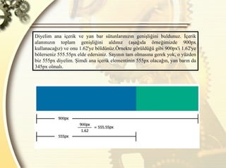 Diyelim ana içerik ve yan bar sütunlarınızın genişliğini buldunuz. İçerik alanınızın toplam genişliğini aldınız (aşağıda örneğimizde 900px kullanacağız) ve onu 1.62'ye böldünüz.Örnekte görüldüğü gibi 900px'i 1.62'ye bölerseniz 555.55px elde edersiniz. Sayının tam olmasına gerek yok, o yüzden biz 555px diyelim. Şimdi ana içerik elementinin 555px olacağın, yan barın da 345px olmalı.  