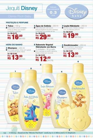 Disney Pooh Baby
1
2
3
4
5
6
Proteção e Perfume
HorA Do BANHo
© Disney – Based on the “Winnie The Pooh” works by A. A. Milne and E. H. Shephard.
Jequiti Disney Indicado
para crianças de
anos
0a 3
1 Talco – 100 g
n Deixa a pele macia e protegida
contra os atritos que causam
assaduras e irritações.
4 Shampoo – 250 ml
n Com toque sedoso, limpa sem agredir
a estrutura do cabelo infantil.
5 Sabonete Vegetal
Hidratante em Barra
2 unidades – 90 g cada
n Com manteiga de karité e glicerina,
hidrata e limpa sem ressecar.
6 Condicionador – 250 ml
n Com D-pantenol, desembaraça
e proporciona brilho e maciez.
2 Água de Colônia – 250 ml
n Floral refrescante. Sem álcool,
delicada fragrância de pera e pêssego
combinada com acordes de mel.
3 Loção Hidratante – 250 ml
n Fórmula suave, hidrata e protege
com um delicado perfume.
De: R$ 15,50
Por:
R$ 12,40
(34178)
De: R$ 17,60
Por:
R$ 13,90
(80152)
De: R$ 17,60
Por:
R$ 13,90
(80153)
De: R$ 24,20
Por:
R$ 19,90
(80154)
De: R$ 20,70
Por:
R$ 16,60
(80155)
De: R$ 38,90
Por:
R$ 29,90
(80156)
130
BR_DISNEY_COLHEITA13-13.indd 130 6/22/13 10:05 AM
PDF/X-4 ISOarizona.flow
www.arizona.com.br +55 11 3847-1977 685700_BR_COLHEITA13-13_P130.pdf - 156.0 x 230.0 mm - p?g. 130BLACK YELLOW MAGENTA CYAN
Ag?ncia: Arizona | Cliente: Arizona
Processado por arizona.flow em Sat Jun 22 10:06:17 2013
 