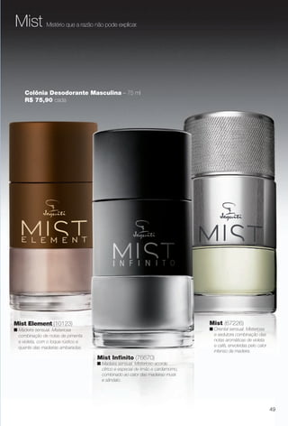 arizona.flow

PDF/X-4 ISO

Mist

Mistério que a razão não pode explicar.

Colônia Desodorante Masculina – 75 ml
R$ 75,90 cada

Mist (67226)

Mist Element (10123)

n Oriental sensual. Misteriosa
e sedutora combinação das
notas aromáticas de violeta
e café, envolvidas pelo calor
intenso da madeira.

n Madeira sensual. Misteriosa
combinação de notas de pimenta
e violeta, com o toque rústico e
quente das madeiras ambaradas.

Mist Infnito (76670)
n Madeira sensual. Misterioso acorde
cítrico e especial de limão e cardamomo,
combinado ao calor das madeiras musk
e sândalo.

49

BR_PERFUMARIA_COLHEITA15-13.indd 49

8/15/13 1:07 AM
Agência: Arizona | Cliente: Arizona
Processado por arizona.flow em Thu Aug 15 01:30:40 2013

BLACK YELLOW MAGENTA CYAN

www.arizona.com.br +55 11 3847-1977

686888_BR_COLHEITA15-13_P049.pdf - 156.0 x 230.0 mm - p?g. 49

 