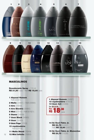 PDF/X-4 ISO

arizona.flow

1

2

8

3

9

10

4

11

5

12

6

13

7

14

15

MASCULINOS
Desodorante Spray – 110 ml
R$ 21,50 cada – Refl R$ 15,00 cada

1 Abyssal Homem
Refl (34901)
2 Malte (34861) – Refl (34895)
3 Aire (34859)
4 Aire Electric (34860)
5 Mist (67816) – Refl (67821)
6 Stame (34839)

1 Abyssal Homem (34867)
10 royalmadeira (67813)
13 Uzon 4x4 (34866)
De: R$ 21,50
Por:
,30

R$

18

cada

7 Uzon Black (34865)
8 Uzon (34863)
9 Uzon Fogo (10153)
10 royalmadeira
Refl (67818)
11 Malte Blend (76949)
72

12 Mist Infnito (76950)

14 Só Você Fábio Jr.
R$ 23,70 (34837)
Refl R$ 16,60 (34871)
15 Só Você Fábio Jr. Momentos
R$ 23,70 (10226)

BR_PERFUMARIA_COLHEITA15-13.indd 72

8/21/13 1:59 AM
Agência: Arizona | Cliente: Arizona
Processado por arizona.flow em Wed Aug 21 02:00:02 2013

BLACK YELLOW MAGENTA CYAN

www.arizona.com.br +55 11 3847-1977

686888_BR_COLHEITA15-13_P072.pdf - 156.0 x 230.0 mm - p?g. 72

 