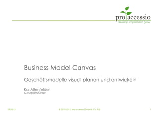 Business Model Canvas
           Geschäftsmodelle visuell planen und entwickeln
           Kai Altenfelder
           Geschäftsführer




09.06.12                     © 2010-2012, pro accessio GmbH & Co. KG   1
 