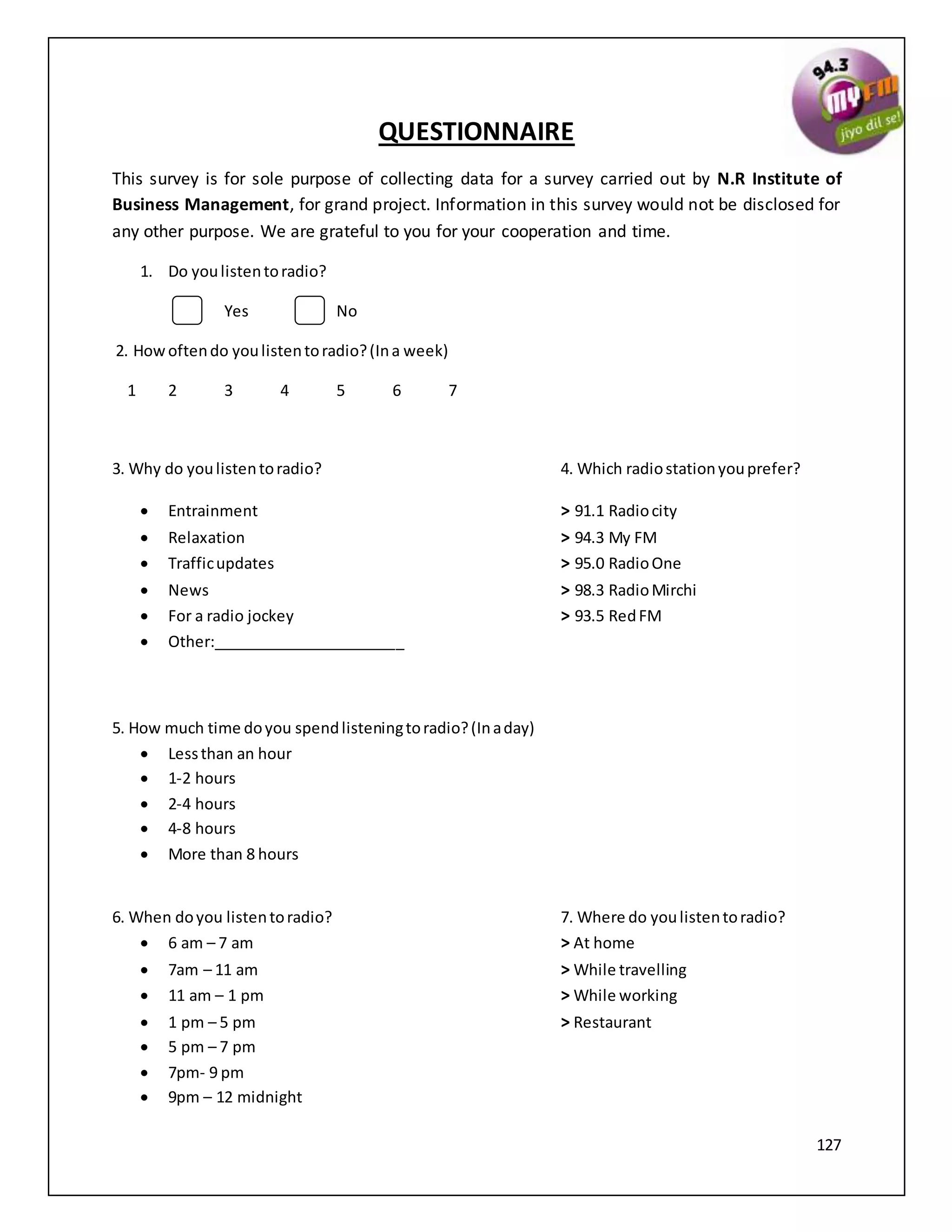 127
QUESTIONNAIRE
This survey is for sole purpose of collecting data for a survey carried out by N.R Institute of
Business Management, for grand project. Information in this survey would not be disclosed for
any other purpose. We are grateful to you for your cooperation and time.
1. Do youlistentoradio?
Yes No
2. Howoftendo youlistentoradio?(Ina week)
1 2 3 4 5 6 7
3. Why do youlistentoradio? 4. Which radiostationyouprefer?
 Entrainment > 91.1 Radiocity
 Relaxation > 94.3 My FM
 Trafficupdates > 95.0 RadioOne
 News > 98.3 RadioMirchi
 For a radio jockey > 93.5 RedFM
 Other:_______________________
5. How much time doyou spendlisteningtoradio?(Inaday)
 Lessthan an hour
 1-2 hours
 2-4 hours
 4-8 hours
 More than 8 hours
6. When doyou listentoradio? 7. Where do youlistentoradio?
 6 am – 7 am > At home
 7am – 11 am > While travelling
 11 am – 1 pm > While working
 1 pm – 5 pm > Restaurant
 5 pm – 7 pm
 7pm- 9 pm
 9pm – 12 midnight
 
