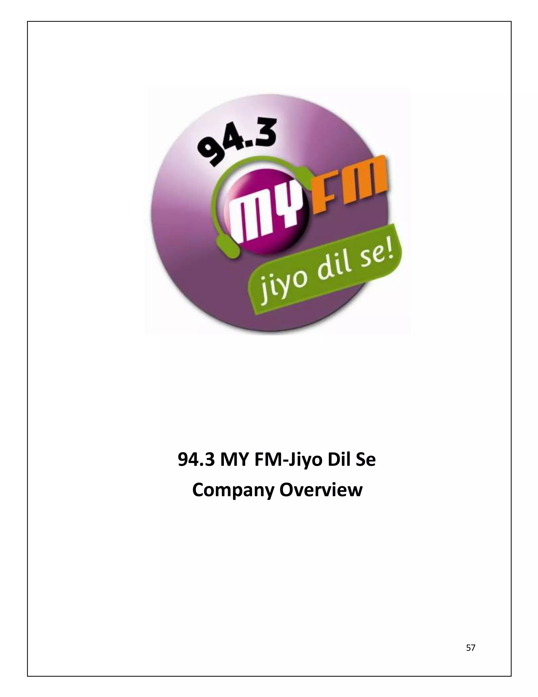 57
94.3 MY FM-Jiyo Dil Se
Company Overview
 