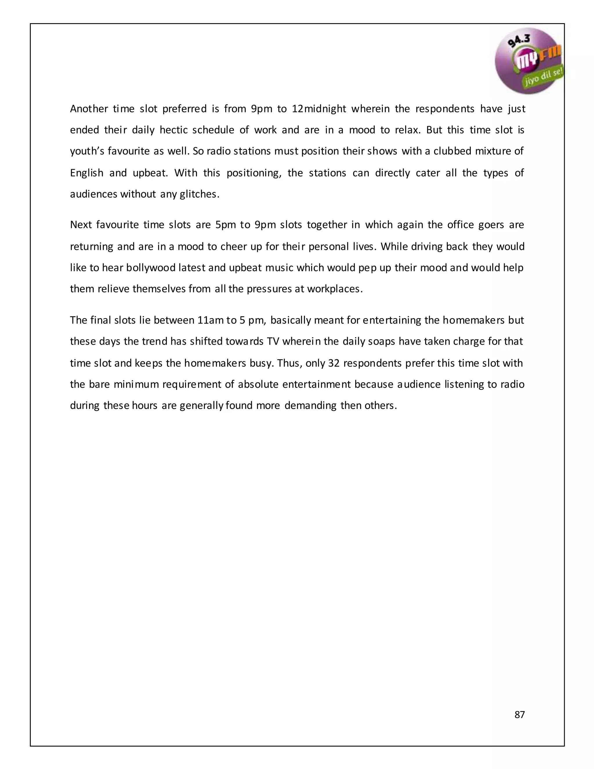 87
Another time slot preferred is from 9pm to 12midnight wherein the respondents have just
ended their daily hectic schedule of work and are in a mood to relax. But this time slot is
youth’s favourite as well. So radio stations must position their shows with a clubbed mixture of
English and upbeat. With this positioning, the stations can directly cater all the types of
audiences without any glitches.
Next favourite time slots are 5pm to 9pm slots together in which again the office goers are
returning and are in a mood to cheer up for their personal lives. While driving back they would
like to hear bollywood latest and upbeat music which would pep up their mood and would help
them relieve themselves from all the pressures at workplaces.
The final slots lie between 11am to 5 pm, basically meant for entertaining the homemakers but
these days the trend has shifted towards TV wherein the daily soaps have taken charge for that
time slot and keeps the homemakers busy. Thus, only 32 respondents prefer this time slot with
the bare minimum requirement of absolute entertainment because audience listening to radio
during these hours are generally found more demanding then others.
 