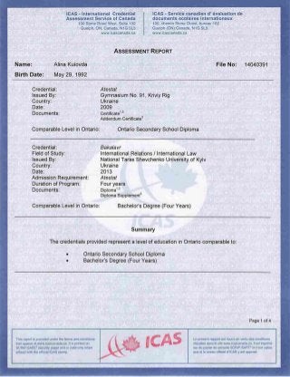Evaluation from ICAS of School Sertificate and Bachelor Degree Diploma