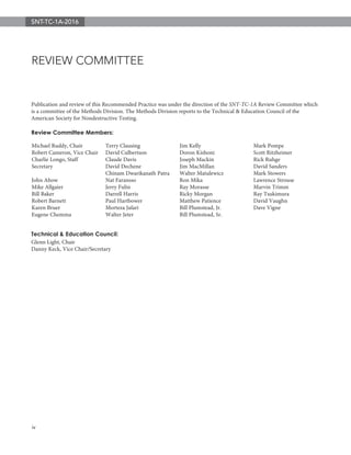 iv
Publication and review of this Recommended Practice was under the direction of the SNT-TC-1A Review Committee which
is a committee of the Methods Division. The Methods Division reports to the Technical & Education Council of the
American Society for Nondestructive Testing.
Review Committee Members:
REVIEW COMMITTEE
Michael Ruddy, Chair
Robert Cameron, Vice Chair
Charlie Longo, Staff
Secretary
John Ahow
Mike Allgaier
Bill Baker
Robert Barnett
Karen Bruer
Eugene Chemma
Terry Clausing
David Culbertson
Claude Davis
David Dechene
Chinam Dwarikanath Patra
Nat Faransso
Jerry Fulin
Darrell Harris
Paul Hartbower
Morteza Jafari
Walter Jeter
Jim Kelly
Doron Kishoni
Joseph Mackin
Jim MacMillan
Walter Matulewicz
Ron Mika
Ray Morasse
Ricky Morgan
Matthew Patience
Bill Plumstead, Jr.
Bill Plumstead, Sr.
Mark Pompe
Scott Ritzheimer
Rick Ruhge
David Sanders
Mark Stowers
Lawrence Strouse
Marvin Trimm
Ray Tsukimura
David Vaughn
Dave Vigne
Technical & Education Council:
Glenn Light, Chair
Danny Keck, Vice Chair/Secretary
SNT-TC-1A-2016
2072_SNTTC1A_2016.qxp_ASNT Level III Study Guide Ultrasonic Testing Method 3/30/16 10:58 AM Page iv
 