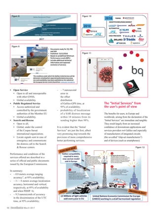 • Open Service
▪ Open to all and interoperable
with other GNSS;
▪ Global availability.
• Public Regulated Service
▪ Access authorized and
controlled by the government
authorities of the Member EU
▪ Global availability.
• Search and Rescue
▪ Open to all;
▪ Global, under the control
of the Cospas-Sarsat
international organization;
▪ Locate signals sent in case of
emergency and communicate
the distress call to the Search
& Rescue centers.
Performance and conditions of the
services offered are described in a
series of ofﬁcial and public documents
issued by the European Commission.
In summary:
- ~ 0.8 meters average ranging
accuracy”, at 95% availability;
- ~ 3 / ~ 8 meters average localization
accuracy, horizontal and vertical,
respectively, at 95% of availability
and when PDOP <6;
- ~ 9.5 nanoseconds of accuracy
in the dissemination of the UTC
time, at 95% availability;
- ~ 7 nanosecond
error in
the offset
distribution
of Galileo-GPS time, at
95% of availability;
- probability of localization
of a SAR distress message
within 10 minutes from its
sending higher than 98%.
It is evident that the “Initial
Services” are just the ﬁrst, albeit
very promising step towards the
provision of more comprehensive
better performing services.
The “Initial Services” from
the user’s point of view
The beneﬁts for users, in Europe and
worldwide, arising from the declaration of the
“Initial Services” are immediate and tangible.
They result largely from an increased
conﬁdence of downstream applications and
services providers wrt Galileo and especially
of manufacturers of integrated circuits
(the so-called “chip-set manufacturers”)
and of devices (such as smartphones).
Figure 8 Figure 10
Figure 11
Figure 12
Figure 9
10 | CoordinatesCoordinates March 2017
SD64_CMPL_March 2017_Final.indd 10SD64_CMPL_March 2017_Final.indd 10 10/03/17 9:22 pm10/03/17 9:22 pm
 