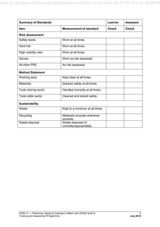 aded by douglas.dickson@cityofglasgowcollege.ac.uk from 80.75.66.133 on 30/08/20
F6SB 12 — Plastering: Applying Coatings to Metal Lath (SCQF level 6) 8
Training and Assessment Programme July 2014
Summary of Standards Learner Assessor
Item Measurement of standard Check Check
Risk Assessment
Safety boots Worn at all times.
Hard hat Worn at all times.
High visibility vest Worn at all times.
Gloves Worn as risk assessed.
All other PPE As risk assessed.
Method Statement
Working area Kept clear at all times.
Materials Stacked safely at all times.
Tools (during work) Handled correctly at all times.
Tools (after work) Cleaned and stored safely.
Sustainability
Waste Kept to a minimum at all times.
Recycling Materials recycled whenever
possible.
Waste disposal Waste disposed of
correctly/appropriately.
 