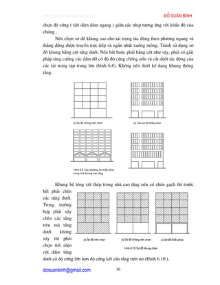http://www.ebook.edu.vn                                                           ®ç xu©n b×nh
chän ®é cøng ( tiÕt diÖn dÇm ngang ) gi÷a c¸c nhÞp t−¬ng øng víi khÈu ®é cña
chóng .
       Nªn chän s¬ ®å khung sao cho t¶i träng t¸c ®éng theo ph−¬ng ngang vµ
th¼ng ®øng ®−îc truyÒn trùc tiÕp vµ ng¾n nhÊt xuèng mãng. Tr¸nh sö dông s¬
®å khung hÉng cét tÇng d−íi. NÕu b¾t buéc ph¶i hÉng cét nh− vËy, ph¶i cã gi¶i
ph¸p t¨ng c−êng c¸c dÇm ®ì cã ®ñ ®é cøng chèng uèn vµ c¾t d−íi t¸c ®éng cña
c¸c t¶i träng tËp trung lín (h×nh 6.8). Kh«ng nªn thiÕt kÕ d¹ng khung th«ng
tÇng.




                 a) S¬ ®å kh«ng nªn chän                 b) C¸c s¬ ®å kh¾c phôc




                 H×nh 6.9 C¸c ph−¬ng ¸n kh¾c phôc
                 trong nhµ khung cao tÇng



      Khung bª t«ng cèt thÐp trong nhµ cao tÇng nÕu cã chÌn g¹ch th× tr−íc
hÕt ph¶i chÌn
c¸c tÇng d−íi.
Trong tr−êng
hîp ph¶i x©y
chÌn c¸c tÇng
trªn mµ tÇng
d−íi     kh«ng
x©y th× ph¶i         a) S¬ ®å nªn chän  b) S¬ ®å kh«ng nªn chän      c) S¬ ®å kh¾c phôc

chän tiÕt diÖn
                                          H×nh 6.10 S¬ ®å khung chÌn
cét, dÇm tÇng
d−íi cã ®é cøng lín h¬n ®é cøng kÕt cÊu tÇng trªn nã (H×nh 6.10 ).

doxuanbinh@gmail.com                                16
 
