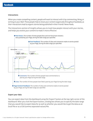 Interactions

          When you create compelling content, people will want to interact with it by commenting, liking, or
          writing on your Wall. These people help to share your content organically throughout Facebook, as
          their interactions lead to organic stories being published in their friends’ News Feeds.

          The Interactions section of Insights allows you to track how people interact with your stories,
          and helps you evolve your content to make it more effective.

                        Post Views: The number of times people (fans and non-fans) have viewed a
                        story posted by your Page, during the date range you speciﬁed.

                                                   Post Feedback: The number of Likes and comments made on stories posted
                                                   by your Page, during the date range you speciﬁed.




                                Comments: The number of times people have commented on a
                                post by your Page during the date range.

                        Likes: The number of times people have liked a post by your Page during the date range.

                    Page Content Feedback: The number of Likes and comments made on stories posted
                    by your Page, during the date range you speciﬁed.



          Export your data

          You can export data from the dashboard using the ‘Export’ button at the top right corner of the
          dashboard. After you click the Export button, a dialog box allows you to specify the date range
          that you would like to export data for as well as whether you would like to get the data as an
          Excel ﬁle or as a CSV (comma separated values) ﬁle.




© 2011 Facebook, Inc. All rights reserved. Product speciﬁcations subject to change without notice.                          6
 