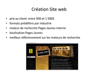 Création Site web
•   prix au client: entre 500 et 1 500$
•   formats prédéfinis par industrie
•   moteur de recherche Pag...