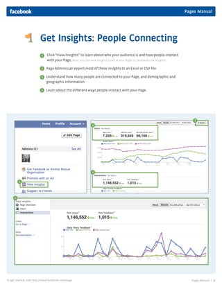 Pages Manual




                         Get Insights: People Connecting
                          1   Click “View Insights” to learn about who your audience is and how people interact
                              with your Page. Note: you can view insights for all of your Pages at facebook.com/insights.

                          2   Page Admins can export most of these insights to an Excel or CSV file.

                          3   Understand how many people are connected to your Page, and demographic and
                              geographic information.

                          4   Learn about the different ways people interact with your Page.




                                                                                                                                2
                                                             3




                                                                           2




                                                             4
                                                             3
                                       1
         1




     4
     3




To get started, visit http://www.facebook.com/page                                                                             Pages Manual |   9
 