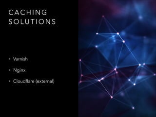 CACHING
SOLUTIONS

• Varnish
• Nginx
• Cloudflare (external)

 