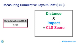 @jamesmcnulty
Measuring Cumulative Layout Shift (CLS)
Distance
X
Impact
= CLS Score
 
