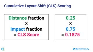 @jamesmcnulty
Cumulative Layout Shift (CLS) Scoring
0.25
X
0.75
= 0.1875
Distance fraction
X
Impact fraction
= CLS Score
 