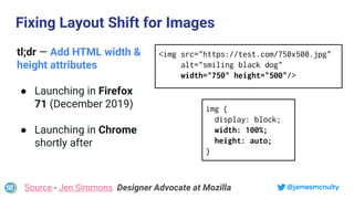 @jamesmcnulty
Fixing Layout Shift for Images
tl;dr — Add HTML width &
height attributes
● Launching in Firefox
71 (Decembe...