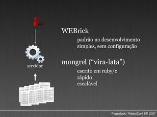 WEBrick padrão no desenvolvimento simples, sem configuração mongrel (“vira-lata”) escrito em ruby/c rápido escalável servidor 