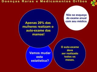Não se esqueça
                          do exame anual
                         com seu médico.
 Apenas 20% das
mulheres realizam o
 auto-exame das
     mamas!


                      O auto-exame
                          deve
    Vamos mudar       ser realizado
        esta            todos os
     estatística?        meses.
 