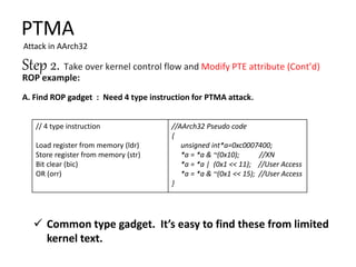PTMA
Attack in AArch32
Step 2.
// 4 type instruction
Load register from memory (ldr)
Store register from memory (str)
Bit clear (bic)
OR (orr)
//AArch32 Pseudo code
{
unsigned int*a=0xc0007400;
*a = *a & ~(0x10); //XN
*a = *a | (0x1 << 11); //User Access
*a = *a & ~(0x1 << 15); //User Access
}
 Common type gadget. It’s easy to find these from limited
kernel text.
A. Find ROP gadget : Need 4 type instruction for PTMA attack.
 