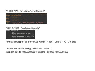 PG_DIR_SIZE - "arch/arm/kernel/head.S“
PAGE_OFFSET - "arch/arm/Kconfig"
Formula : swapper_pg_dir = PAGE_OFFSET + TEXT_OFFSET - PG_DIR_SIZE
Under ARM default config, that is “0xC0004000”
swapper_pg_dir = 0xC0000000 + 0x8000 – 0x4000 = 0xC0004000
 
