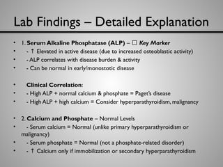Lab Findings – Detailed Explanation
• 1. Serum Alkaline Phosphatase (ALP) – 🔑 Key Marker
• - Elevated in active disease (due to increased osteoblastic activity)
↑
• - ALP correlates with disease burden & activity
• - Can be normal in early/monostotic disease
• Clinical Correlation:
• - High ALP + normal calcium & phosphate = Paget’s disease
• - High ALP + high calcium = Consider hyperparathyroidism, malignancy
• 2. Calcium and Phosphate – Normal Levels
• - Serum calcium = Normal (unlike primary hyperparathyroidism or
malignancy)
• - Serum phosphate = Normal (not a phosphate-related disorder)
• - Calcium only if immobilization or secondary hyperparathyroidism
↑
 