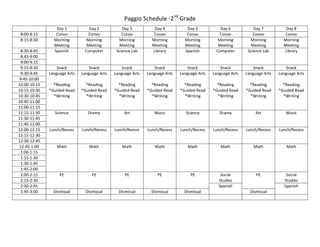 Paggio Schedule -2nd Grade
                 Day 1           Day 2            Day 3          Day 4           Day 5           Day 6            Day 7          Day 8
 8:00-8:15       Convo           Convo            Convo          Convo           Convo           Convo            Convo          Convo
 8:15-8:30      Morning         Morning         Morning         Morning         Morning         Morning         Morning         Morning
                Meeting         Meeting         Meeting         Meeting         Meeting         Meeting         Meeting         Meeting
 8:30-8:45      Spanish        Computer        Science Lab      Library         Spanish        Computer        Science Lab      Library
 8:45-9:00
 9:00-9:15
 9:15-9:30        Snack           Snack           Snack           Snack           Snack           Snack           Snack           Snack
 9:30-9:45    Language Arts   Language Arts   Language Arts   Language Arts   Language Arts   Language Arts   Language Arts   Language Arts
9:45-10:00
10:00-10:15     *Reading        *Reading        *Reading        *Reading        *Reading        *Reading        *Reading        *Reading
10:15-10:30   *Guided Read    *Guided Read    *Guided Read    *Guided Read    *Guided Read    *Guided Read    *Guided Read    *Guided Read
10:30-10:45     *Writing        *Writing        *Writing        *Writing        *Writing        *Writing        *Writing        *Writing
10:45-11:00
11:00-11:15
11:15-11:30      Science         Drama             Art           Music           Science         Drama             Art           Music
11:30-11:45
11:45-12:00
12:00-12:15   Lunch/Recess    Lunch/Recess    Lunch/Recess    Lunch/Recess    Lunch/Recess    Lunch/Recess    Lunch/Recess    Lunch/Recess
12:15-12:30
12:30-12:45
12:45-1:00        Math            Math            Math            Math            Math            Math            Math            Math
 1:00-1:15
 1:15-1:30
 1:30-1:45
 1:45-2:00
 2:00-2:15         PE              PE              PE              PE              PE            Social            PE            Social
 2:15-2:30                                                                                      Studies                         Studies
 2:30-2:45                                                                                      Spanish                         Spanish
 2:45-3:00      Dismissal       Dismissal       Dismissal       Dismissal       Dismissal                       Dismissal
 