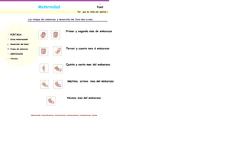 Maternidad                                                                                        Fund
                                                                                                     Por     que es lindo ser padres.!



                      Las etapas del embarazo y desarrollo del feto mes a mes




                                                                                  Primer y segundo mes de embarazo
PORTADA

Estoy embarazada!

Desarrollo del bebé

Etapas del embarazo                                                               Tercer y cuanto mes d embarazo
SERVICIOS

Vínculos


                                                                                  Quinto y sexto mes del embarazo




                                                                                    Séptimo, octavo mes del embarazo




                                                                                    Noveno mes del embarazo




                        Página principal | Acerca de nosotros | Info. de contacto | Lista de productos | Lista de servicios | Vínculos
 