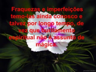 Fraquezas e imperfeições temo-las ainda conosco e talvez por longo tempo, de vez que burilamento espiritual não é assunto de mágica. 
