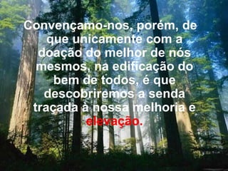 Convençamo-nos, porém, de que unicamente com a doação do melhor de nós mesmos, na edificação do bem de todos, é que descobriremos a senda traçada à nossa melhoria e  elevação. 