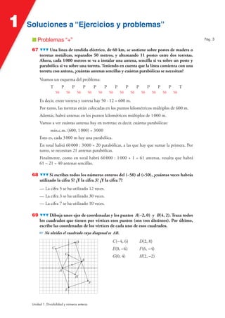 Soluciones a “Ejercicios y problemas”Soluciones a “Ejercicios y problemas”1
Unidad 1. Divisibilidad y números enteros
■ Problemas “+”
67 Una línea de tendido eléctrico, de 60 km, se sostiene sobre postes de madera o
torretas metálicas, separados 50 metros, y alternando 11 postes entre dos torretas.
Ahora, cada 1000 metros se va a instalar una antena, sencilla si va sobre un poste y
parabólica si va sobre una torreta. Teniendo en cuenta que la línea comienza con una
torreta con antena, ¿cuántas antenas sencillas y cuántas parabólicas se necesitan?
Veamos un esquema del problema:
T P P P P P P P P P P P T
50 50 50 50 50 50 50 50 50 50 50 50
Es decir, entre torreta y torreta hay 50 · 12 = 600 m.
Por tanto, las torretas están colocadas en los puntos kilométricos múltiplos de 600 m.
Además, habrá antenas en los puntos kilométricos múltiplos de 1000 m.
Vamos a ver cuántas antenas hay en torretas; es decir, cuántas parabólicas:
mín.c.m. (600, 1000) = 3000
Esto es, cada 3000 m hay una parabólica.
En total habrá 60000 : 3000 = 20 parabólicas, a las que hay que sumar la primera. Por
tanto, se necesitan 21 antenas parabólicas.
Finalmente, como en total habrá 60000 : 1000 + 1 = 61 antenas, resulta que habrá
61 – 21 = 40 antenas sencillas.
68 Si escribes todos los números enteros del (–50) al (+50), ¿cuántas veces habrás
utilizado la cifra 5? ¿Y la cifra 3? ¿Y la cifra 7?
— La cifra 5 se ha utilizado 12 veces.
— La cifra 3 se ha utilizado 30 veces.
— La cifra 7 se ha utilizado 10 veces.
69 Dibuja unos ejes de coordenadas y los puntos A(–2, 0) y B(4, 2). Traza todos
los cuadrados que tienen por vértices esos puntos (son tres distintos). Por último,
escribe las coordenadas de los vértices de cada uno de esos cuadrados.
☞ No olvides el cuadrado cuya diagonal es AB.
C(–4, 6) D(2, 8)
E(0, –6) F(6, –4)
G(0, 4) H(2, –2)
A
B
C
D
E
F
G
H
Pág. 3
 