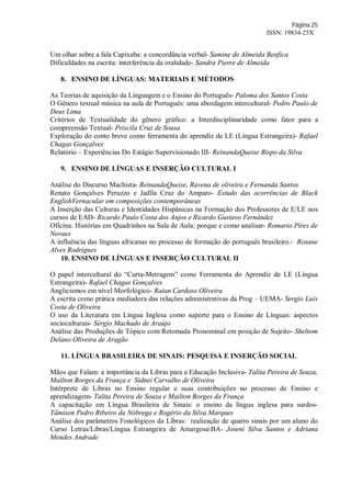 Página 25
ISSN: 19834-25X
Um olhar sobre a fala Capixaba: a concordância verbal- Samine de Almeida Benfica
Dificuldades na escrita: interferência da oralidade- Sandra Pierre de Almeida
8. ENSINO DE LÍNGUAS: MATERIAIS E MÉTODOS
As Teorias de aquisição da Linguagem e o Ensino do Português- Paloma dos Santos Costa
O Gênero textual música na aula de Português: uma abordagem intercultural- Pedro Paulo de
Deus Lima
Critérios de Textualidade do gênero gráfico: a Interdisciplinaridade como fator para a
compreensão Textual- Priscila Cruz de Sousa
Exploração do conto breve como ferramenta do aprendiz de LE (Língua Estrangeira)- Rafael
Chagas Gonçalves
Relatório – Experiências Do Estágio Supervisionado III- ReinandaQueise Bispo da Silva
9. ENSINO DE LÍNGUAS E INSERÇÃO CULTURAL I
Análise do Discurso Machista- ReinandaQueise, Ravena de oliveira e Fernanda Santos
Renato Gonçalves Peruzzo e Jadlla Cruz do Amparo- Estudo das ocorrências de Black
EnglishVernacular em composições contemporâneas
A Inserção das Culturas e Identidades Hispânicas na Formação dos Professores de E/LE nos
cursos de EAD- Ricardo Paulo Costa dos Anjos e Ricardo Gustavo Fernández
Oficina: Histórias em Quadrinhos na Sala de Aula: porque e como analisar- Romario Pires de
Novaes
A influência das línguas africanas no processo de formação do português brasileiro.- Rosane
Alves Rodrigues
10. ENSINO DE LÍNGUAS E INSERÇÃO CULTURAL II
O papel intercultural do “Curta-Metragem” como Ferramenta do Aprendiz de LE (Língua
Estrangeira)- Rafael Chagas Gonçalves
Anglicismos em nível Morfológico- Raian Cardoso Oliveira
A escrita como prática mediadora das relações administrativas da Prog – UEMA- Sergio Luís
Costa de Oliveira
O uso da Literatura em Língua Inglesa como suporte para o Ensino de Línguas: aspectos
socioculturais- Sérgio Machado de Araújo
Análise das Produções de Tópico com Retomada Pronominal em posição de Sujeito- Sheltom
Delano Oliveira de Aragão
11. LÍNGUA BRASILEIRA DE SINAIS: PESQUISA E INSERÇÃO SOCIAL
Mãos que Falam: a importância da Libras para a Educação Inclusiva- Talita Pereira de Souza,
Mailton Borges da França e Sidnei Carvalho de Oliveira
Intérprete de Libras no Ensino regular e suas contribuições no processo de Ensino e
aprendizagem- Talita Pereira de Souza e Mailton Borges da França
A capacitação em Língua Brasileira de Sinais: o ensino da língua inglesa para surdos-
Tâmison Pedro Ribeiro da Nóbrega e Rogério da Silva Marques
Análise dos parâmetros Fonológicos da Libras: realização de quatro sinais por um aluno do
Curso Letras/Libras/Língua Estrangeira de AmargosaBA- Joseni Silva Santos e Adriana
Mendes Andrade
 
