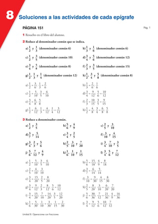 8   Soluciones a las actividades de cada epígrafe
     PÁGINA 151                                                                                  Pág. 1


     1 Resuelto en el libro del alumno.

     2 Reduce al denominador común que se indica.

        a) 1 y 1 (denominador común 6)                      b) 1 y 1 (denominador común 6)
           2   3                                               3   6

        c) 1 y 3 (denominador común 10)                     d) 3 y 5 (denominador común 12)
           2   5                                               4   6

        e) 3 y 5 (denominador común 8)                      f ) 2 y 3 (denominador común 15)
           4   8                                                3   5

        g) 1 , 1 y 1 (denominador común 12)                 h) 1 , 3 y 5 (denominador común 8)
           2 3     4                                           2 4     8

        a) 1 = 3 ; 1 = 2                                    b) 1   = 2; 1
           2 6 3 6                                             3     6 6
        c) 1 = 5 ; 3 = 6                                    d) 3   = 9 ; 5 = 10
           2 10 5 10                                           4     12 6 12
        e) 3 = 6 ; 5                                        f) 2   = 10; 3 = 9
           4 8 8                                               3     15 5 15
        g) 1 = 6 ; 1 = 4 ; 1 = 3                            h) 1   = 4; 3 = 6; 5
           2 12 3 12 4 12                                      2     8 4 8 8

     3 Reduce a denominador común.
       a) 1 y 3                 b) 5 y 4                                   c) 2 y 3
          2   5                    6   9                                      5   10

        d) 3 y 5                            e) 3 y 2                       f) 3 y 4
           7   14                              4   5                         10   15

        g) 3 , 2 y 5                        h) 2 , 3 y 7                   i) 3 , 7 y 3
           4 3     6                           5 10    20                     4 10    5

        j) 5 , 7 y 4                        k) 1 , 1 y 1                   l) 3 , 5 y 7
           6 12    9                           6 10    15                     4 6     12

        a) 1 = 5 ;    3= 6                                  b) 5 = 15 ; 4 = 8
           2 10       5 10                                     6 18 9 18
        c) 2 = 4 ;     3                                    d) 3 = 6 ; 5
           5 10       10                                       7 14 14
        e) 3 = 15 ;   2= 8                                  f) 3 = 9 ; 4 = 8
           4 20       5 20                                     10 30 15 30
        g) 3 = 9 ;    2 = 8 ; 5 = 10                        h) 2 = 8 ; 3 = 6 ; 7
           4 12       3 12 6 12                                5 20 10 20 20
        i) 3 = 15 ;    7 = 14 ; 3 = 12                      j) 5 = 30 ; 7 = 21 ; 4 = 16
           4 20       10 20 5 20                               6 36 12 36 9 36
        k) 1 = 5 ;     1 = 3 ; 1 = 2                        l) 3 = 9 ; 5 = 10 ; 7
           6 30       10 30 15 30                              4 12 6 12 12

     Unidad 8. Operaciones con fracciones
 