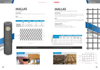 TREFILADOS
Se producen en longitudes estándar de 6m - Longitudes especiales bajo pedido.
ELECTROSOLDADAS SISMORESISTENTES
MALLAS
DESCRIPCIÓN
Panel electrosoldado formado por varillas corrugadas en diámetros 8 – 10 y 12mm
dispuestas ortogonalmente formando recuadros regulares de 15 a 50cm Participa de las
características físicas y mecánicas de la varilla de construcción AS.
USOS
En estructuras como refuerzo en pavimentos, muros de contención, plintos, fundiciones
para edificios, losas alivianadas, etc. Puede añadirse refuerzo en varillas ADELCA® AS
para cubrir cualquier cuantía estructural.
NORMAS TÉCNICAS
NTE INEN 2167 (Ecuatoriana)
Varilla con resaltes de acero de baja aleación, soldables,
laminadas en caliente y/o termotratadas para hormigón armado.
Aplicaciones
Aplicaciones
Longitudinal
TIPO
DE
MALLA
Transversal
mm
8-15 AS
8-20 AS
10-15 AS
10-20 AS
12-20 AS
8
8
10
10
12
8
8
10
10
12
15
20
15
20
20
15
20
15
20
20
16
12
16
12
12
42
31
41
31
31
79,230
58,951
123,800
92,116
132,640
mm cm cm Unidades Unidades
Dimensión del Panel 2,40m de ancho por 6,25m de alto = 15m2
kg.
Longitudinal Transversal Longitudinal Transversal Peso
DENOMINACIÓN
DIÁMETRO ESPACIAMIENTO NÚMERO DE VARILLAS
Diámetro
Varilla
Longitudinal
Diámetro
Varilla
Transversal
EspaciamientoTransversal
LongitudTotal6,25m
EspaciamientoLongitudinal
Ancho
Total
2,
4
0
m
15m2
DE TUMBADO
MALLAS
Rollos de 10 unidades. Especiales bajo pedido.
TREFILADOS
DESCRIPCIÓN
Es un panel formado por celdas que se obtienen del corte y estiramiento de una lámina de
acero.
USOS
En cielo raso y afines.
8,30
6,50
Superior
Estándar
8 x 20 apróx.
10 x 20 apróx.
2,21
2,21
0,61
0,61
kg mm m m
PESO CELDA LONGITUD ANCHO
Longitud
2,21
m
Celda
Ancho0,61m
www.adelca.com
24 25
 