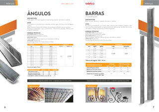ÁNGULOS
DESCRIPCIÓN
Perfil angular a 90° de alas iguales, en acero de baja aleación, laminados en caliente.
USOS
En la construcción de estructuras espaciales, celosías, vigas, columnas, arcos, diafragmas,
cerchas.
Metal-mecánica: Industria de muebles, carrocerías para vehículos, puertas, ventanas.
Elementos ornamentales, verjas y cerramientos. Herramientas manuales. Refuerzo para
anclaje de maquinaria.
NORMAS TÉCNICAS
NTE INEN 2215 (Ecuatoriana)
Perfiles de acero laminados en caliente.
NTE INEN 2224
Perfiles angulares estructurales de acero laminados al caliente.
ASTM A36 (Americana)
Standard Specification for Carbon Structural Steel
Aplicaciones
PERFILES
PERFILES www.adelca.com
kg/m kg/6m
DIMENSIÓN MASA NOMINAL TOLERANCIAS
Ala mm Espesor mm
± 1 ± 0,50
20 x 2
20 x 3
25 x 3
25 x 4
25 x 6
30 x 3
30 x 4
30 x 6
40 x 3
40 x 4
40 x 6
50 x 3
50 x 4
50 x 6
mm
Tolerancia de longitud: ±50mm
0,59
0,871
1,107
1,444
2,072
1,342
1,758
2,543
1,813
2,386
3,485
2,284
3,014
4,427
3,612
5,226
6,642
8,664
12,432
8,052
10,548
15,258
10,878
14,316
20,910
13,704
18,084
26,562
PROPIEDADES MECÁNICAS
24
34
48
235
340
470
185
300
540
18
MPa
kgf/mm2 GradoE185
ALARGAMIENTO (%) MÍNIMO CON PROBETA Lo=5,65 * Ao = 26%
Resistencia a la tracción máxima
Resistencia a la tracción mínima
Límite de fluencia mínimo
BARRAS
CUADRADAS
DESCRIPCIÓN
Barras de acero de sección cuadrada, laminados en caliente.
USOS
Se utilizan principalmente en el sector metal-mecánico para múltiples propósitos tales
como manufactura de muebles, cerrajería ornamental, rejas, puertas, ventanas, carrocerías
vehiculares y trabajos de carpintería metálica en general.
NORMAS TÉCNICAS
NTE INEN 2215 (Ecuatoriana)
Perfiles de acero laminados en caliente.
NTE INEN 2222 (Ecuatoriana)
Barras cuadradas, redondas y pletinas de acero laminadas en caliente.
ASTM A36 (Americana)
Standard Specification for Carbon Structural Steel
Aplicaciones
Se producen en longitudes estándar de 6m - Longitudes especiales bajo pedido.
Se producen en longitudes estándar de 6m - Longitudes especiales bajo pedido.
DIMENSIÓN MASA NOMINAL TOLERANCIAS
1,178
1,425
3,012
3,816
5,700
10,596
5
5.5
8
9
11
15
mm
± 0,40
mm
0,60
0,196
0,237
0,502
0,636
0,950
1,766
Tolerancia de longitud: +100 / -10 mm
kg/m kg/6m Lado Escuadría
mm
185
300
540
19
30
55
250
400
550
25
40
56
Alargamiento (%) mínimo con probeta
Lo=5,65 * Ao = 26%
18%
21%
Resistencia a la tracción máxima
Límite de Fluencia mínimo
PROPIEDADES MECÁNICAS
ASTM A36
Kgf / mm2 MPa Kgf / mm2 MPa
INEN 2215 grado E185
Resistencia a la tracción mínima
7
6
 