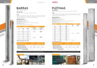 185
300
540
19
30
55
250
400
550
25
40
56
Alargamiento (%) mínimo con probeta
Lo=5,65 * Ao = 26%
18%
21%
Resistencia a la tracción máxima
Límite de Fluencia mínimo
PROPIEDADES MECÁNICAS
ASTM A36
Kgf / mm2 MPa Kgf / mm2 MPa
INEN 2215 grado E185
Resistencia a la tracción mínima
185
300
540
19
30
55
250
400
550
25
40
56
Alargamiento (%) mínimo con probeta
Lo=5,65 * Ao = 26%
18%
21%
Resistencia a la tracción máxima
Límite de Fluencia mínimo
PROPIEDADES MECÁNICAS
ASTM A36
Kgf / mm2 MPa Kgf / mm2 MPa
INEN 2215 grado E185
Resistencia a la tracción mínima
BARRAS
REDONDAS LISAS
DESCRIPCIÓN
Barras de acero de sección circular, lisas, laminadas en caliente.
USOS
Se utilizan principalmente en el sector metal-mecánico en la fabricación de muebles,
cerrajería ornamental, verjas y cerramientos, elaboración de herramientas manuales,
agrícolas y de múltiples usos, ejes industriales, pernos especiales, etc.
NORMAS TÉCNICAS
NTE INEN 2215 (Ecuatoriana)
Perfiles de acero laminados en caliente.
NTE INEN 2222 (Ecuatoriana)
Barras cuadradas, redondas y pletinas de acero laminadas en caliente.
ASTM A36 (Americana)
Standard Specification for Carbon Structural Steel
Aplicaciones
Se producen en longitudes estándar de 6m - Longitudes especiales bajo pedido.
PLETINAS
DESCRIPCIÓN
Pletinas de acero de baja aleación laminadas en caliente de sección rectangular.
USOS
Se utilizan para múltiples propósitos dentro del sector metal-mecánico, cerrajería
ornamental, manufactura de muebles, carrocerías vehiculares, herramientas manuales y
trabajos de carpintería metálica en general.
NORMAS TÉCNICAS
NTE INEN 2215 (Ecuatoriana)
Perfiles de acero laminados en caliente.
NTE INEN 2222 (Ecuatoriana)
Barras cuadradas, redondas y pletinas de acero laminadas en caliente.
ASTM A36 (Americana)
Standard Specification for Carbon Structural Steel
Aplicaciones
Se producen en longitudes estándar de 6m - Longitudes especiales bajo pedido.
PERFILES
PERFILES
Tolerancia de longitud: +100 / -10mm
0,395
0,617
0,888
1,387
1,998
2,466
2,984
3,701
kg/m kg/6m
Diámetro Ovalidad
mm
2,368
3,702
5,328
8,322
11,988
14,796
17,904
22,206
± 0,40
± 0,50
0,60
máximo
máximo
0,75
8
10
12
15
18
20
22
24,5
mm
mm
DIÁMETRO MASA NOMINAL TOLERANCIAS
DIMENSIÓN MASA NOMINAL TOLERANCIAS
0,283
0,377
0,477
0,597
0,589
0,785
1
,178
0,707
0,942
1
,413
0,895
1
,193
1
,790
1
,178
1
,570
2,355
3,062
3,533
1
,698
2,262
2,685
3,582
3,534
4,710
7,068
4,242
5,652
8,478
5,370
7,1
58
10,740
7,068
9,420
14,130
18,372
21
,198
± 1,0 ± 0,50
12 x 3
12 x 4
19 x 3
19 x 4
25 x 3
25 x 4
25 x 6
30 x 3
30 x 4
30 x 6
38 x 3
38 x 4
38 x 6
50 x 3
50 x 4
50 x 6
65 x 6
75 x 6
mm mm
Lado Espesor
mm
kg/m kg/6m
± 1,5
Tolerancia de longitud: +100 / -10mm
9
8
www.adelca.com
 